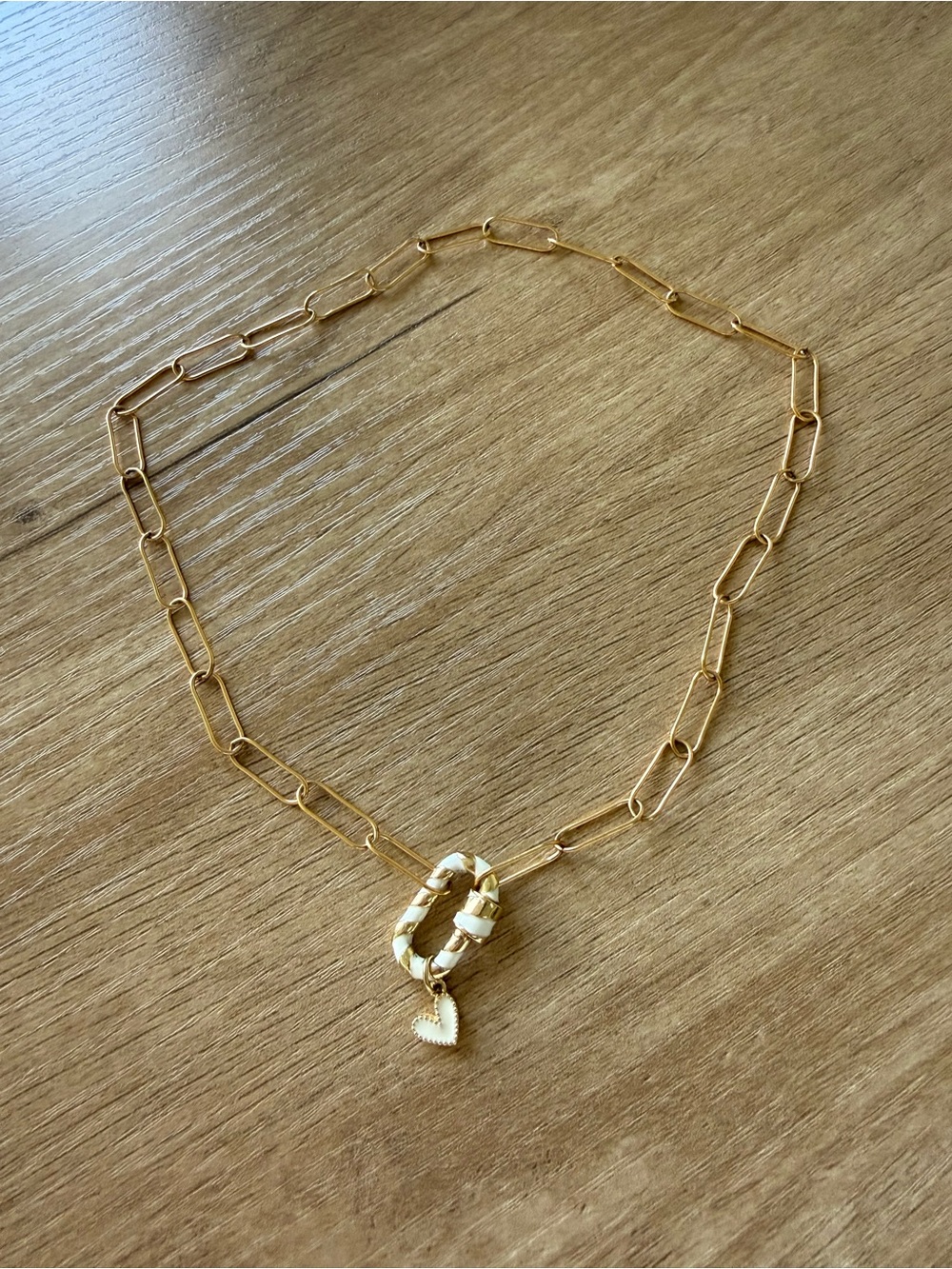 Gold Tone Paperclip Chain Necklace White Enamel Heart Charm Statement